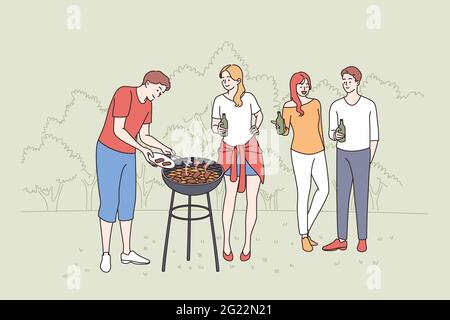 Avere picnic e barbecue concetto. Gruppo di giovani amici sorridenti felici persone in piedi chiacchierando avendo barbecue festa con bevande all'aperto sulla natura illustrazione vettoriale Illustrazione Vettoriale