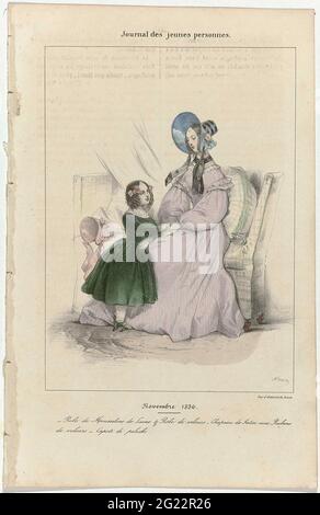 Journal des Jeunes personnes, novembre 1836: Robe de Mousselin (...). Donna in uno scherzo di lana mussola. Sulla testa un cappello a baldacchino in raso con nastri di velluto. Ragazza in un giapponese velluto e Bloomers. Oltre a loro è un 'capote' di peluche. Stampa dalla rivista di moda Journal des Jeunes Personnes (1833-1868 e 1892-1898). Foto Stock