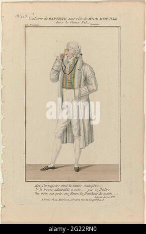 Petite Galerie Dramatique, 1796-1843, No. 228: Costume il Battista (...). Costume dell'attore Baptiste Ainé nel ruolo di De Merville nella commedia 'le Vieux Fal', sollevata nel 'Théâtre français' (?) A Parigi. Con tre righe di testo dal secondo atto, scena sette. Giacca a righe, cardigan a righe e pantaloni ginocchia. Jabot rugato. Calze. Lorgnet al cavo. Scarpe piatte con fibbie quadrate. Stampa della rivista Petite Galerie Dramatique ou Recueil de Différents Costumes d'actors des Théâtres de la capitale (1796-1843). Foto Stock