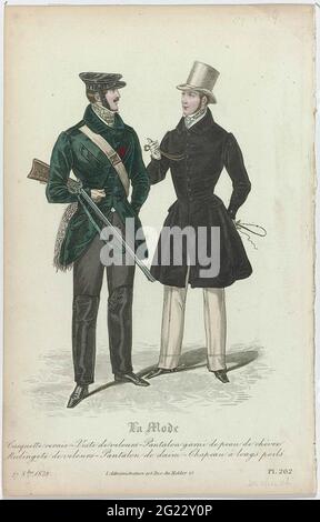 La Mode, 27 ottobre 1832, pl. 262: Casquette Vertie-veste de Velours. 'Casquette' di pelle verniciata. Giacca di velluto. Pantaloni lunghi decorati con pelle di capra. Fucile sotto il braccio. Redingote di velluto. Pantaloni scamosciati. Cappello di materiale con capelli lunghi. Lorgnet al cavo. Frusta. Scarpe con tacchi e tracce. Stampare dal caricatore modalità la (1829-1855). Foto Stock