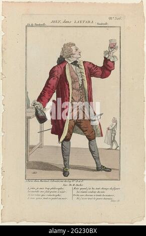 Petite Galerie Dramatique, 1796-1843, No. 306: Joly, danza Lantara. Costume dell'attore Joly in De Klucht 'Lantara', cresciuto nel 'Théâtre du Vaudeville' di Parigi. Frak, cardigan a righe e pantaloni ginocchio. Jabot e polsini rugati. Calze. Borsa per capelli (?). Degen. Scarpe con fibbie quadrate. Con due volte quattro righe di testo dalla quarta scena. Stampa della rivista Petite Galerie Dramatique ou Recueil de Différents Costumes d'actors des Théâtres de la capitale (1796-1843). Foto Stock