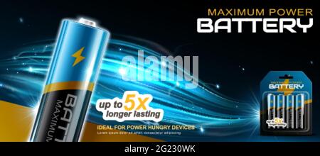 Batteria AA agli ioni di litio 3d scarica e le sue onde elettriche. Banner pubblicitari progettati su sfondo blu-nero Illustrazione Vettoriale