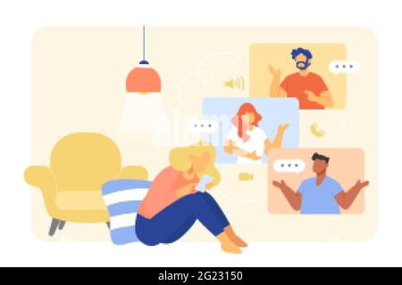 Immagine piatta di una giovane donna che ha una videochiamata con gli amici a casa. Persone visualizzate nelle schermate a comparsa dell'interfaccia di videochiamata. Illustrazione Vettoriale