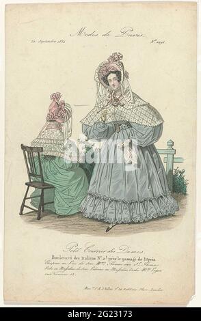 Petit Courrier des Ladies, 20 settembre 1834, No.1095: Chapeau e Pou de Soi (...). Cappello "Pou de Soie" di Thomas. Giap di mousseline di seta ricamata. Pelerine di mussola ricamata di Mme Payan. Stampa dalla rivista di moda Petit Courier des Ladies (1821-1868). Foto Stock