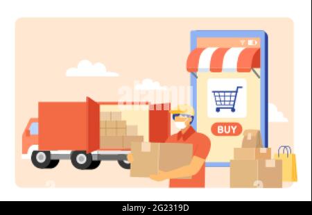 Persona di consegna con maschera protettiva. Camion di consegna con scatole e pacchi e la schermata dell'app mobile per lo shopping online in background. Stile piatto illust Illustrazione Vettoriale