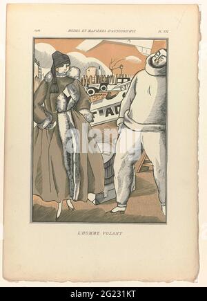 Modes et manières d'Aujourd'hui, 1922, pl. 7: L'Homme Volant. Una donna in un mantello rivestito di pelliccia si trova accanto ad un pilota. Ci sono due valigie sul pavimento. L'uomo indossa un maglione e pantaloni lunghi. Scarpa con punta e tacco. In background un aereo e auto.la stampa fa parte di una serie di 12 intagli di Fernand Siméon, con testi di Paul Valery, per la settima parte (10° Année 1922) di Modes e Manières d'Aujourd'Hui. Ogni edizione ha avuto una circolazione di soli 300 pezzi ed è stata dedicata esclusivamente ad un artista che ha progettato 12 stampe intorno ad un certo tema. In questa serie il 'lif Foto Stock