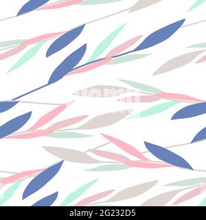 Motivo vettoriale floreale senza cuciture. Rami pastello colorati disegnati a mano con foglie isolate su sfondo bianco. Delicato piante ornamento. Illustri di primavera Illustrazione Vettoriale