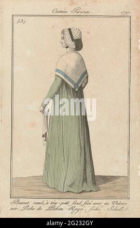 Journal des Ladies et des Modes, Costume Parisien, 3 Décembre 1797, (13): Bonnet Around, à Tres-Petit Fond (...). Donna in piedi, vista sulla schiena, a testa un cappello rotondo con globo molto piccolo, fissato con una banda di velluto nero. Indossa un paio di "peckini" a righe. Intorno alle spalle un fichu o sciarpa: 'FICHU - SCHALL'. Un fazzoletto nella mano sinistra. La stampa fa parte della rivista di moda Journal des Laden et des Modes, pubblicata da Sellèque, Parigi, 1797-1839. Foto Stock