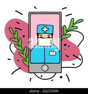 Concetto di consultazione medica online. Personaggio disegnato a mano medico online. Screen therapist dello smartphone sulla maschera. App del servizio di diagnostica Web bianca Illustrazione Vettoriale