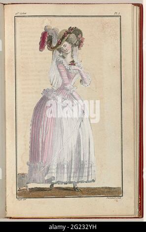 Cabinet des Modes ou Les Modes Nouvelles, 15 Juin 1786, Pl. I. Donna con cane sulla linea. Secondo il testo allegato è vestita in un gabinetto del mattino che consiste di un caraco e di un jupon di mussola rosa-bianca a strisce (una combinazione di colori che le dà 'un'atmosfera di morbida freschezza e piacevole vivacità'). Sulla testa un cappello di paglia colorato naturale, decorato con una ghirlanda di rose d'arte, alcune piume e un voile di sguardo bianco. Una rosa nel collo del corpetto. Taglio con tre ricci grandi su entrambi i lati. Sulla faccia uno strato di polvere bianca (qualche cosa circa la polvere di colore per il layout Foto Stock