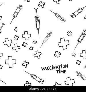 Tempo per la vaccinazione. Modello medico senza soluzione di continuità. Vaccinazione di influenza e altre malattie prevenzione delle malattie, assistenza sanitaria. Immagine vettoriale con pharma Illustrazione Vettoriale