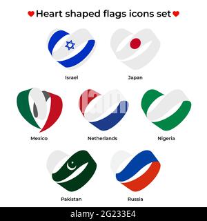Set di icone di bandiere a forma di cuore. Flag icona da ricci nastro. Icona vettore, simbolo, pulsante. Illustrazione in stile piatto Illustrazione Vettoriale