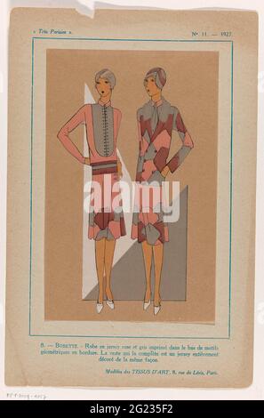 Très Parisien, 1927, No. 11: -8. Bobette.-Robe e Jersey (...). Abito in Jersey rosa e grigio, stampato sul fondo con un bordo geometrico. Cappotto abbinato, doppio-breasted, completamente decorato con motivo di idem. Modelli di Tissus d'Art Stampa della rivista di moda Très Parisien (1920-1936). Foto Stock