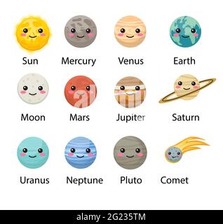 Planet solare sistema icone stile piatto. Raccolta pianeti con sole, mercurio, Marte, terra, uranio, nettuno, Marte, plutone, venere. Educazione dei bambini Illustrazione Vettoriale