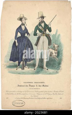 Journal des Ladies et des Modes, Costumes Parisiens, 1837, (3493): Robe & Pantalon (...). Un uomo e una donna in abito da yacht, entrambi hanno una pistola, accanto a loro un cane con collana. Indossa un Jap su un lungo pantalone di saldatura decorato con velluto nero. Calze di scamosciato. Indossa pantaloni lunghi di Tijk e una giacca per la caccia, M. Pervestorf. Accessori: Cintura, borsa, cappelli di M. Desprey. La stampa fa parte del Moldijdschrift Journal des Laden et des Modes, Parigi, 1797-1839. Foto Stock