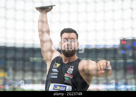 Martin WIERIG (Sportclub Magdeburg) Action, discus men final, su 06.06.2021 campionati tedeschi di atletica 2021, dal 04.06. - 06.06.2021 a Braunschweig/Germania. Â Foto Stock