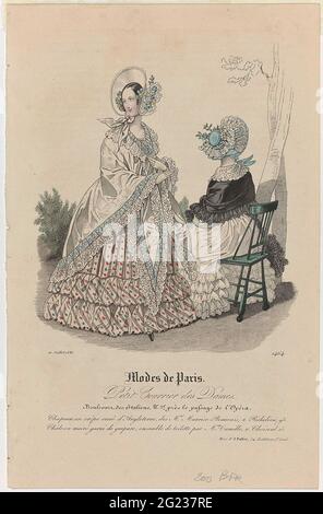 Petit Courrier des Ladies, 20 Juillet 1838, No. 1464: Chapeau e crepe orné d'Angleterr (...). Cappello crepe decorato con pizzo 'd'Angleterre' dai negozi di Maurice-Beauvais. Sciarpa di moiré depositata con lato di lino (guipure), 'ensemble de toilette' di Camille. Stampa dalla rivista di moda Petit Courier des Ladies (1821-1868). Foto Stock