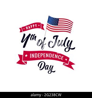 4 luglio calligrafia nastro rosso e bandiera USA. Quarto di luglio sfondo - American Independence Day illustrazione vettoriale Illustrazione Vettoriale