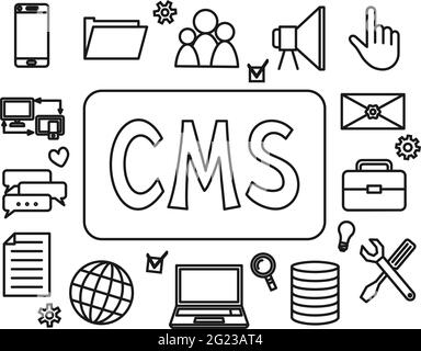 Banner del sistema di gestione dei contenuti CRM in bianco e nero. Illustrazione vettoriale monocromatica per sito, poster, opuscolo, icona o set di elementi. Illustrazione Vettoriale