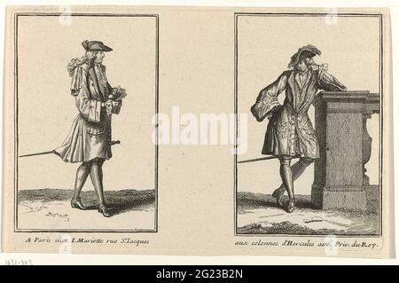 Due uomini vestiti secondo la moda francese di circa 1696. A sinistra: Uomo con pensieri ornamentali a sinistra. Destra: Uomo appoggiato alla balaustra. Foto Stock