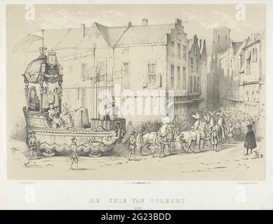 Imporre l'Unione di Utrecht del 1579; l'Unione di Utrecht. 1579. Seggio camion nella processione alla Masquerade degli studenti di Utrecht nel 1853, allegoricamente immaginativa l'Unione di Utrecht chiuso nel gennaio 1579. L'auto è disegnata dalle strade di una città di Utrecht da una campata di sei cavalli. Sulla macchina il leone olandese nel giardino olandese con bandiere delle sette province associate nell'Unione, con personificazioni di vigilanza e cautela. Sul retro di un trono vuoto. Foto Stock