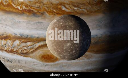 Callisto con Giove sullo sfondo Foto Stock