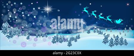 Babbo Natale sta volando attraverso il cielo su un paesaggio innevato invernale. Stella di Natale nel cielo notturno e una favolosa tempesta di neve di bellissimi fiocchi di neve. Panora Illustrazione Vettoriale