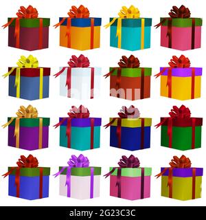 Set di confezioni regalo colorate. Confezione luminosa per souvenir. Il concetto di shopping per le vacanze. Isolato su sfondo bianco. Illustrazione vettoriale Illustrazione Vettoriale