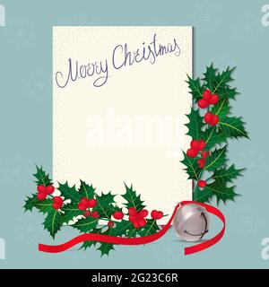 Cartolina natalizia in stile vintage con Holly, campana d'argento e nastro rosso. Sfondo blu con fiocchi di neve. Un'iscrizione di congratulazioni dalla mano. Illu Illustrazione Vettoriale