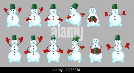 Simpatico set di pupazzi di neve di natale. Pacchetto di clipart isolate. Divertente uomo della neve con un secchio sulla testa nei colori di Natale. Collezione su sfondo grigio. Vect Illustrazione Vettoriale