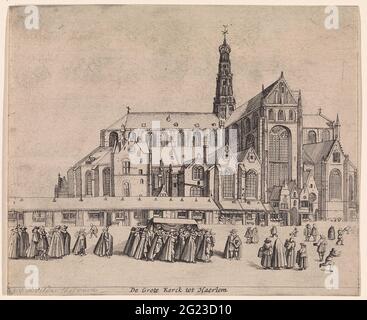 Vista della chiesa di San Bavo, dal sud-est; il Grote Kerck a Haerlem. Vista della chiesa di Sint-Bavo a Haarlem, vista dal sud-est, con una processione funeraria in primo piano. Foto Stock