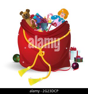 Babbo Natale con orsacchiotto, bambola, lollipop e scatole. Rosso con cordicella dorata, in un magico glitter. Isolato su sfondo bianco. Illustrazione Vettoriale