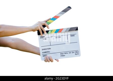 Tavola di colori in ardesia per film e televisione su sfondo bianco Foto Stock