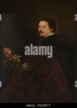 Andries van Eertvelt (1590-1652), Pittore. Ritratto del pittore Andries van Eertvelt, mentre si lavora su un dipinto. Pennello a destra, tavolozza a sinistra. Copia nell'originale di Augusta. Foto Stock