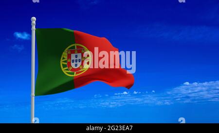 Bandiera nazionale della Repubblica portoghese, che sventola nel vento. Rendering 3d, CGI Foto Stock