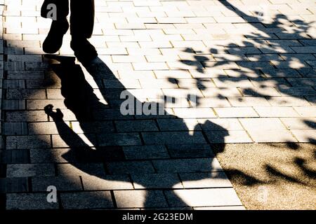 La silhouette offuscata delle ombre di una persona che cammina lungo la strada della città nella soleggiata giornata estiva, in bianco e nero Foto Stock