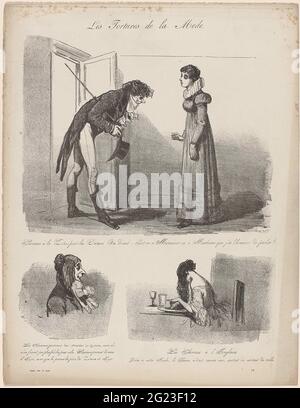 Les tortures de la Mode, ca. 1848, n° 19: Cheveux à la Tito (...). Caricatura di vari acconciature. Sopra: L'uomo in una porta si piega per una donna con un acconciatura 'à la tito'. Secondo la didascalia, non sa se deve rivolgersi a lei con la signora o il Signore. In basso a sinistra: Gli uomini indossano i capelli come 'Oreilles se Chien' (orecchie di cane?). In basso a destra: Donna i cui lunghi capelli pende sul suo piatto: 'Cheveux à l'Anglaise.' Foto Stock