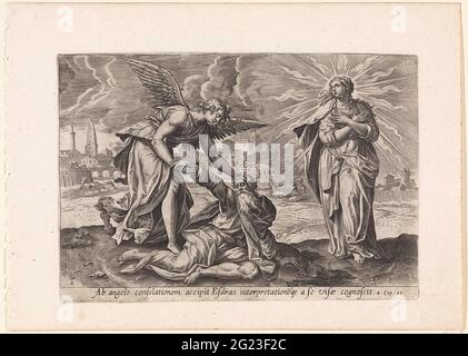 Seconda visione di Ezra: Ezra confortata dall'angelo; visioni di Ezra; Thesaurus sacrarum historiarum Veteris Testamenti (...). L'angelo Uriël conforta Ezra e lo aiuta. Oltre a Ezra la sua visione della donna radiosa Sion. Se scompare, la città di Ezra costruita sullo sfondo. Sotto la mostra un riferimento in latino al testo apocrifo della Bibbia in 4 Ezra 10. Foto Stock