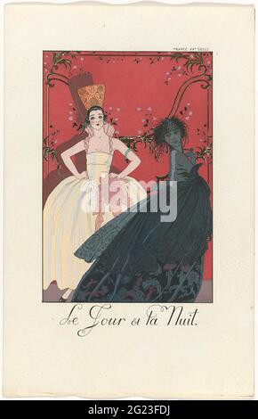 Falbalas et fanfreluches: Almanach des Modes presentes, Passées & Futures pour 1922: Le Jour et la Nuit / France XXE Siècle. Due donne su sfondo rosso. La parte anteriore è vestita di abito nero da sera e raffigura la notte. La parte posteriore in un abito da sera bianco, con turbante sulla testa, raffigura il giorno. Stampa dalla serie Falbalas & Fanfreluches (1922-1926). Foto Stock