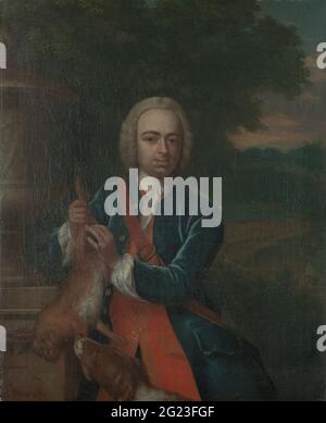 Adriaen Caspar Parduyn (1718-47), Consigliere e Alderman o Middelburg, Figlio di Caspar Adriaen Parduyn e Maria van Citters. Ritratto di Adriaen Caspar Parduyn. Imbarco e navi a Middelburg, figlio di Caspar Adriaen Parduyn e Maria van Citters. In piedi su un grande vaso e balaustra. Con cane da caccia, in mano una lepre morta, intorno alla spalla una borsa yacht. Sul retro la cresta di famiglia e la figura 14. Foto Stock