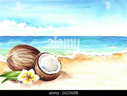 Cocco con fiori sulla spiaggia tropicale estiva con sabbia dorata e onde. Illustrazione dell'acquerello orizzontale disegnata a mano Foto Stock