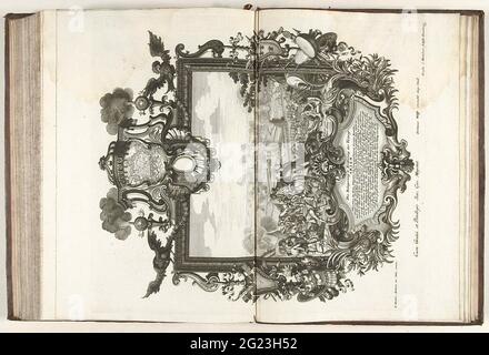 Presa di Aire, 1710; che non sarà. Eroberung der Vestung Arien. Presa di Aire. Assedio da Aire da parte degli Alleati dal 11 settembre e preso l'8 novembre 1710. La rappresentazione centrale del campo dell'esercito e l'assedio trovato in una cornice ornamentale riccamente decorata con una cartouche in cima ad una cartouche con una mappa della città tra due bombe fumanti e due aquile. In fondo ad una cartouche con la descrizione degli eventi in tedesco. Da entrambi i lati, trofei di armi con simboli dell'esercito francese superato. Foglia nella serie di lastre legate rilasciate sotto il titolo: RepraesTatio B. Foto Stock