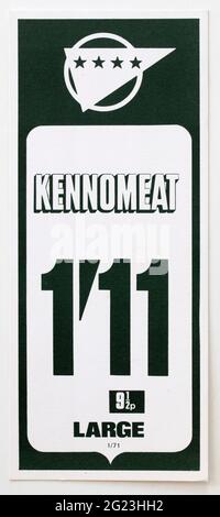1970 Shop Pubblicità Prezzo Visualizza etichetta - Kennomeat Foto Stock