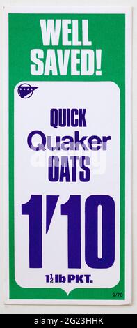 1970 Shop Pubblicità Prezzo Display Label - Quaker Oats porridge Foto Stock