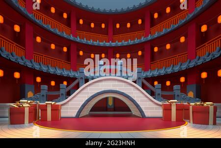 Ponte in stile cinese con sfondo rosso per interni, rendering 3d. Disegno digitale computerizzato, Foto Stock