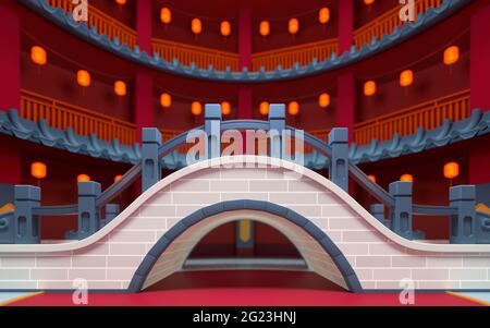 Ponte in stile cinese con sfondo rosso per interni, rendering 3d. Disegno digitale computerizzato, Foto Stock