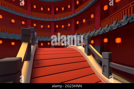 Ponte in stile cinese con sfondo rosso per interni, rendering 3d. Disegno digitale computerizzato, Foto Stock