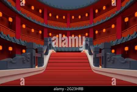 Ponte in stile cinese con sfondo rosso per interni, rendering 3d. Disegno digitale computerizzato, Foto Stock