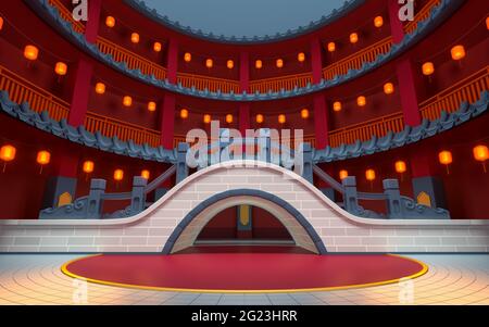Ponte in stile cinese con sfondo rosso per interni, rendering 3d. Disegno digitale computerizzato, Foto Stock