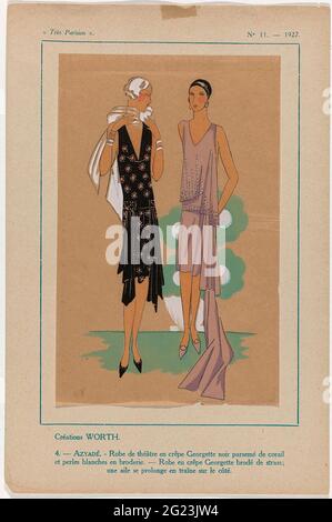 Très Parisien, 1927, n° 11: -4: Valore della Création (...). Progettazione di valore. 'Robe de Théâtre' di Georgette nero crepe disseminate di corallo e ricami con perline bianche. Abito da sera in georgette crespata ricamata con rhinestone; un lungo sentiero sul lato. Accessori: Sciarpa trasparente, bracciali. Stampa della rivista di moda Très Parisien (1920-1936). Foto Stock